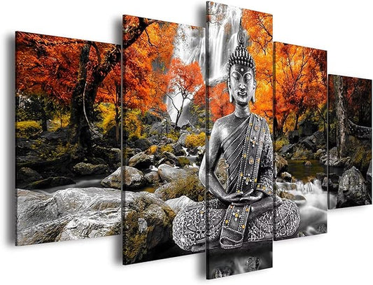 AWLXPHY Decor Buddha Waterfall Wall Art Canvas Painting Framed 5 Panels for Living Room Decoration Modern Landscape Buddha Trees Zen Stretched Artwork Giclee (Yellow, 60"x30")