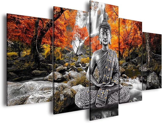 AWLXPHY Decor Buddha Waterfall Wall Art Canvas Painting Framed 5 Panels for Living Room Decoration Modern Landscape Buddha Trees Zen Stretched Artwork Giclee (Yellow, 80"x40")
