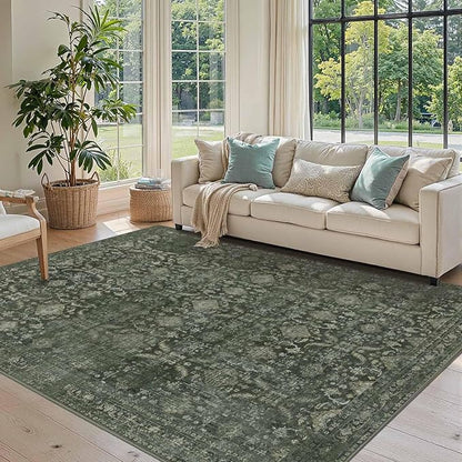 Rugxara 5x7 Area Rugs for Living Room Bedroom, Washable Rug, Green Vintage Floral Boho Rug, Non Slip & Low Pile Faux Wool Thin Carpet for Indoor Dining Room and Kids Room(Green 5x7ft)