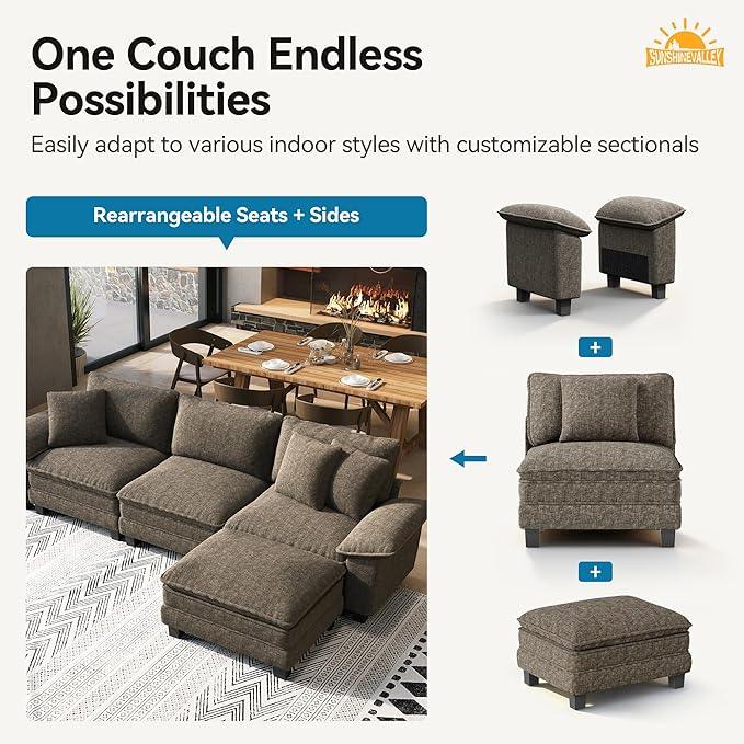 SUNSHINE VALLEY Modular Loveseat Cloud Sofa, 87.5'' Oversized Chenille Sectional Couch with Wider Armrest and Pillow, 2 Seat Upholstered Modern Love Seat for Living Room Bedroom, Smoky Grey