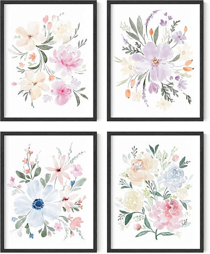 HAUS AND HUES Flower Wall Decor - Set of 4 Floral Wall Art, Framed Paintings, Floral Pictures (11x14, Black Frame)