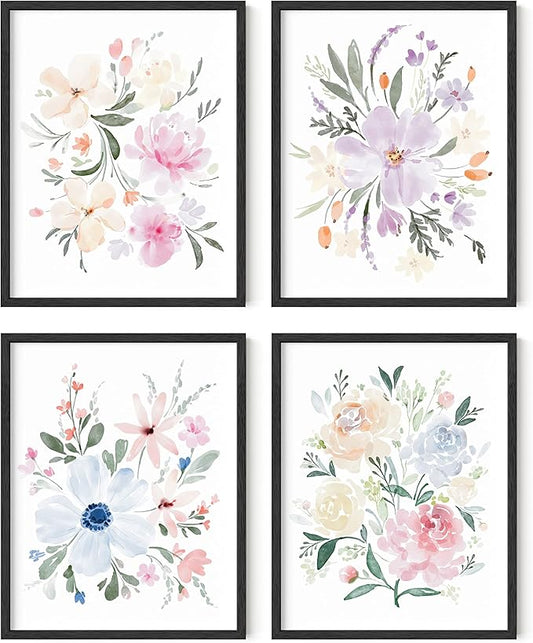 HAUS AND HUES Flower Wall Decor - Set of 4 Floral Wall Art, Framed Paintings, Floral Pictures (11x14, Black Frame)