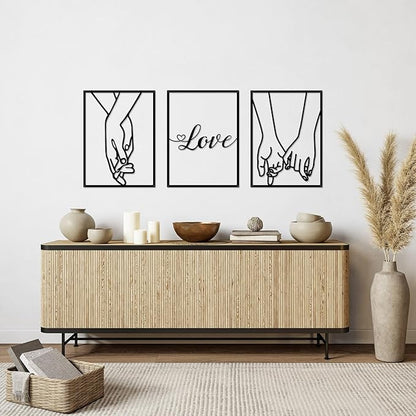 EDCIJB 3 Pcs Love Hands Minimalist Black Metal Wall Art Valentines Day Wall Decor Abstract Love Heart Black Couple Wall Art Decor for Bedroom Living Room