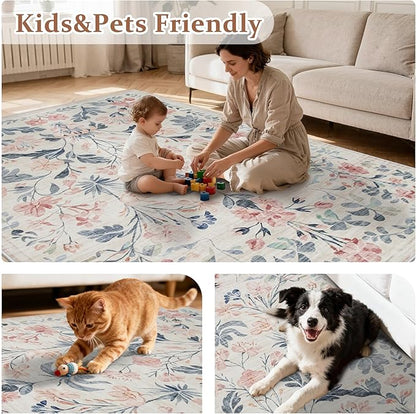 6x9 Area Rugs Washable Rug: Lagre Boho Living Room Rug Soft Non-Slip Thin Carpet Indoor Floor Non-Shedding Neutral Floral Carpets for Bedroom Dining Room Farmhouse Nursery Multi
