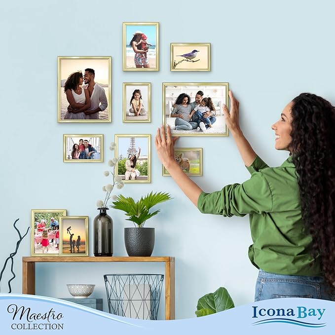Icona Bay Combination Gold Picture Frames Set - 10 PC (Five 4x6, Three 5x7, Two 8x10), Classy Contemporary Style, Maestro Collection for Wall Gallery