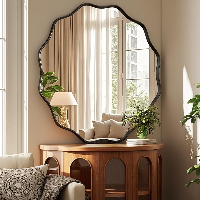 Round Wavy Mirror 42 Inch Bathroom Vanity Mirror Metal Frame Circle Wall Mounted Mirror for Bedroom Living Room Entryway Black