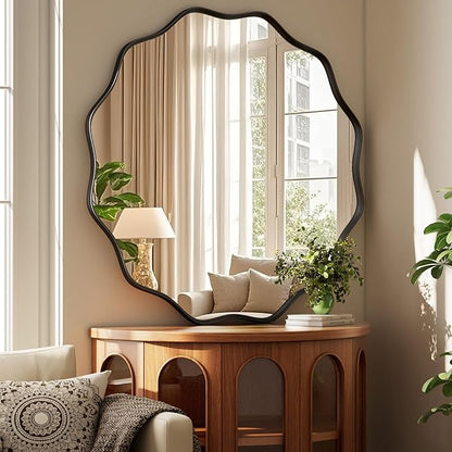 Round Wavy Mirror 42 Inch Bathroom Vanity Mirror Metal Frame Circle Wall Mounted Mirror for Bedroom Living Room Entryway Black