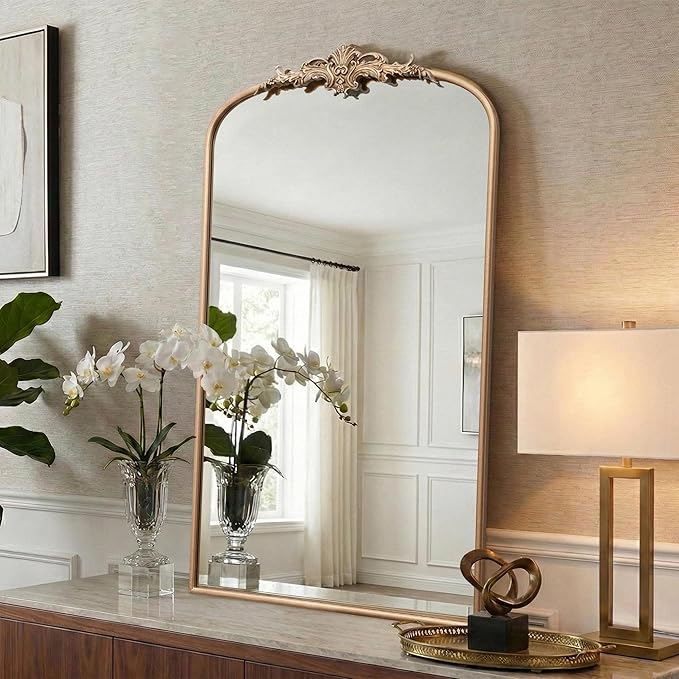 Besdomus Vintage Gold Wall Mirror: 24"x42" French Large Arch Champagne Gold Antique Wall Mounted Mirror - Traditional Ornate Home Decor for Entryway/Fireplace/Bathroom - Baroque Idea for Housewife