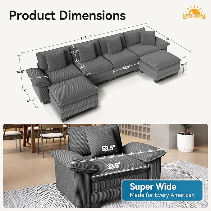 SUNSHINE VALLEY U Shaped Modular Cloud Couch, 157.5'' Oversized Corduroy Sectional Sofa with Wider Armrest and Ottoman, Upholstered 6-Seat Modern Deep Seat for Bedroom Living Room, Grey