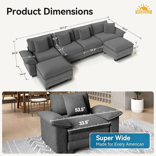 SUNSHINE VALLEY U Shaped Modular Cloud Couch, 157.5'' Oversized Corduroy Sectional Sofa with Wider Armrest and Ottoman, Upholstered 6-Seat Modern Deep Seat for Bedroom Living Room, Grey