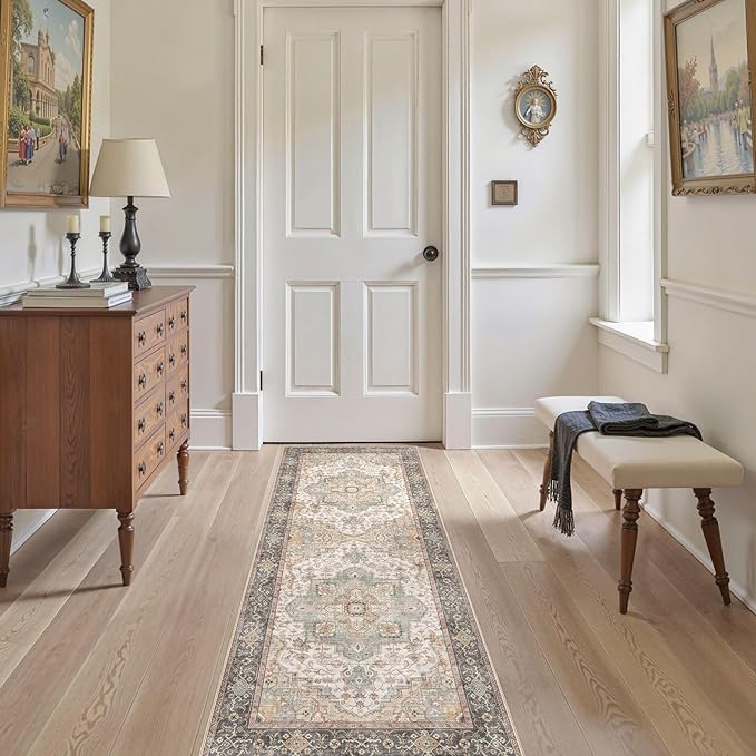 EIEIHOUSE Washable 2x6 Runner Rug - Area Rugs Neutral Vintage Distressed Floral Farmhouse Boho Large Soft Floor Rug Indoor Carpet for Hallway Entryway Bedroom Kitchen - Forest Green Orange