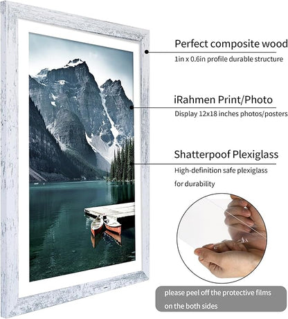 iRahmen 16x24 Picture Frame Set of 2 with Plexiglass, Distressed White Poster Frame Display Picture 12x18 with Mat or 16 x 24 Without Mat, Wood Photo Frame for Wall Mounting