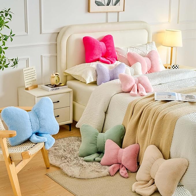 Lfsaaj Bowknot Pillow Ivroy Cute Bow Decorative Throw Pillows 16" Aesthetic Home Decor Bow Cushions Butterfly Knot Plush Pillow for Bedroom Couch