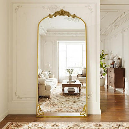 GLSLAND 32"x71" Vintage Full Length Mirror,Large Carved Arched Full Body Mirror with Metal Frame for Bedroom/Living Room/Entryway,Gold