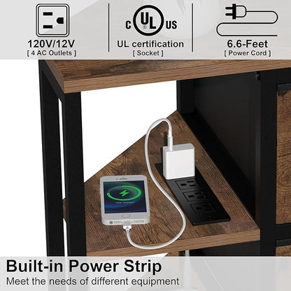 EXOTICA Corner TV Stands for Living Room with 4 Drawers and Power Outlet Industrial Corner Entertainment Centers for TVs up to 55 Inches Farmhouse Corner Console Table with 4 Open Storage for Bedroom