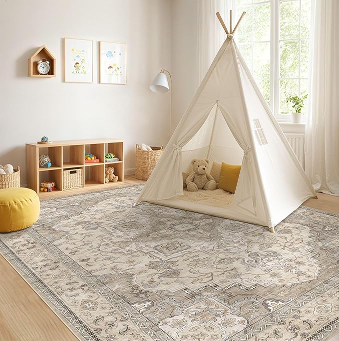 EIEIHOUSE Washable Area Rugs for Living Room - 5x7 Neutral Vintage Distressed Floral Farmhouse Boho Large Soft Floor Rug Indoor Non Slip Carpet for Bedroom Dining Room Office - Brown/Multi