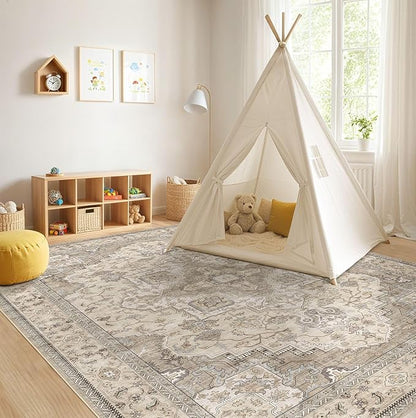 EIEIHOUSE Washable Area Rugs for Living Room - 7x9 Neutral Vintage Distressed Floral Farmhouse Boho Large Soft Floor Rug Indoor Non Slip Carpet for Living Room Bedroom Dining Room Office -Brown/Multi