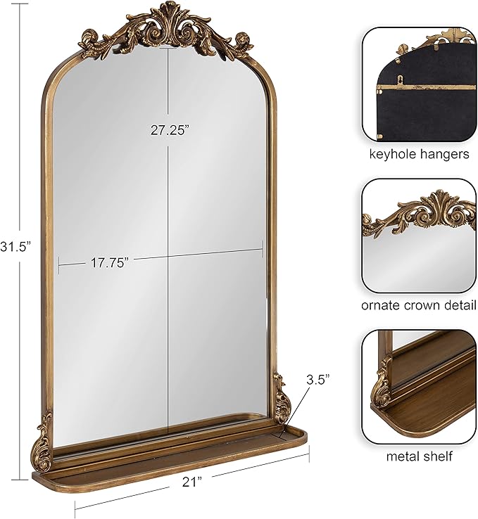 Kate and Laurel Arendahl Traditional Vintage Arch Mirror with Shelf, 21 x 32, Gold, Baroque Antique Arched Wall Mirror with Functional Shelf and Ornate Frame