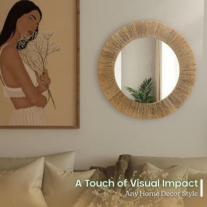 Chi An Home 24 Inch Natural Jute Mirror, Wall Mounted Round Mirror with Metal Frame, Wall Decor Rustic Farmhouse Boho Decor Accent for Bathroom, Bedroom, Living Room, or Entryway