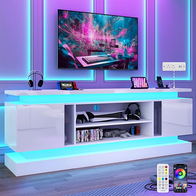 chartustriable 71IN LED TV Stands w/Power Outlet for 85/80/75 Inch TVs,High Glossy Modern Tall Entertainment Center TV Media Console Gaming with 2 Storage Cabinets,Dual LED Lights,White