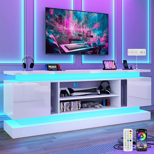 chartustriable 71IN LED TV Stands w/Power Outlet for 85/80/75 Inch TVs,High Glossy Modern Tall Entertainment Center TV Media Console Gaming with 2 Storage Cabinets,Dual LED Lights,White
