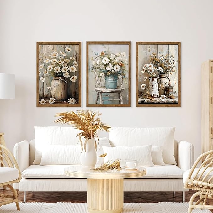 DUWQU 3 Pieces Framed Elegant Farmhouse Canvas Wall Art, Vintage Floral Pictures Wall Decor, Nature Themed Daisy Art Prints for Living Room Bedroom Kitchen and Office Ready to Hang 20×30 Inches