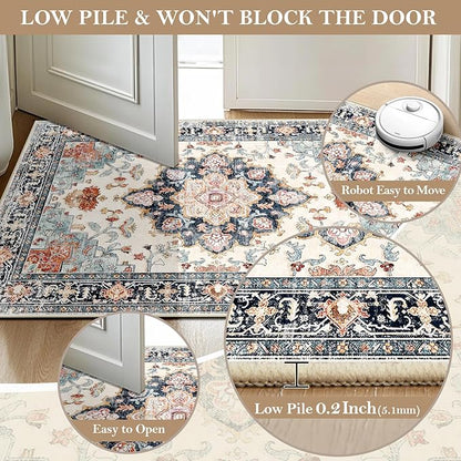 CAPALOCA Machine Washable Rugs Nursery Rug 5x7 Cute Girl Non Slip Low Pile Water Repellent Soft Print Pattern for Bedroom Indoor Decor Kids Playroom Bluebeige