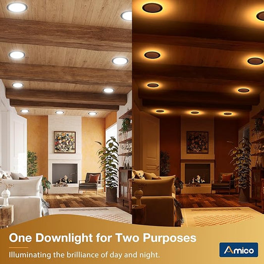 Amico 12 Pack Black 4 Inch 5CCT LED Recessed Ceiling Light with Night Light, 2700K/3000K/3500K/4000K/5000K Selectable Ultra-Thin Lighting, 10W=90W, 700LM, Dimmable Canless Wafer Downlight - ETL&FCC