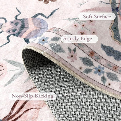Lahome Insect Print Washable Rugs for Living Room, Soft 6x9 Pink Rug for Bedroom Ultra-Thin Non Slip, Stain Resistant Large Carpet for Dining Room Nursery Classroom Vionnet(6'x9',Pink)
