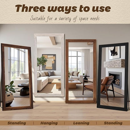 Antok Full Length Mirror with Solid Wood Frame, 81"×41" Wall Mounted Oversized Floor Mirror with Stand, Leaning Standing Hanging for Bedroom Living Room Entryway, Brown, Rect Style