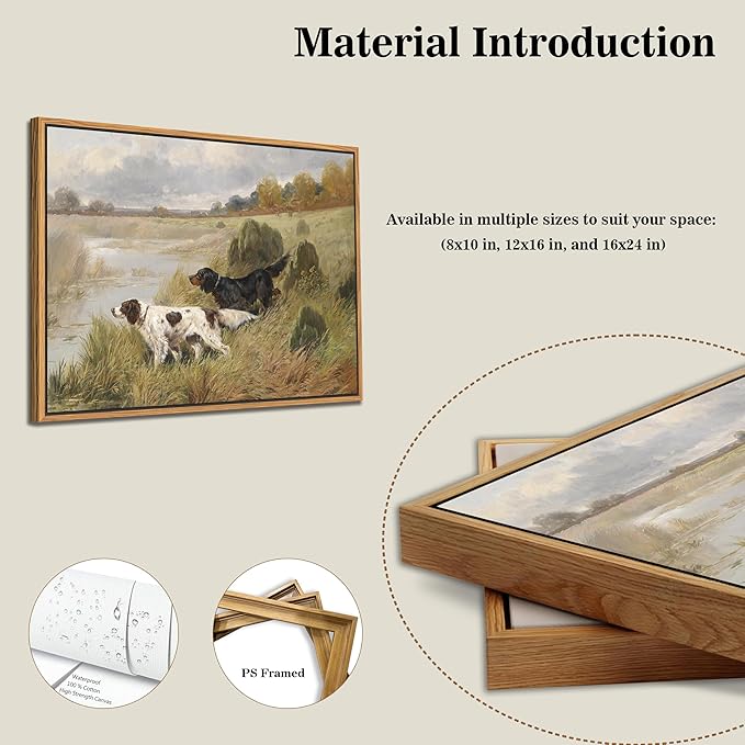 Floating Framed Vintage Hunting Dog Wall Art, Classic Countryside Landscape Canvas Print, English Setter and Gordon Setter Painting, Rustic Farmhouse Wall Decor for Living Room Study Office 12x16 inch