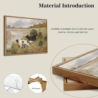 Floating Framed Vintage Hunting Dog Wall Art, Classic Countryside Landscape Canvas Print, English Setter and Gordon Setter Painting, Rustic Farmhouse Wall Decor for Living Room Study Office 12x16 inch
