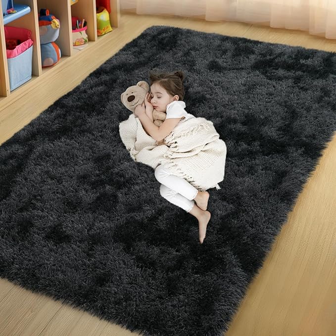 qulint 4x6 Area Rug for Bedroom, Fluffy Soft Shag Rugs for Living Room Small Fuzzy Black Grey Alfombras for Nursery, Plush Shaggy Carpet for Boy and Girl Home Decor (4ft x 6ft, Tie-Dyed Black Gray)