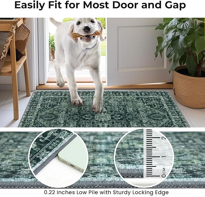 KOZYFLY Boho Area Rug 5x7 Ft Thin Washable Rugs for Living Room Faux Wool Throw Carpet Printed Non Slip Rug for Entryway Bedroom Dining Room Living Space, Dark Green
