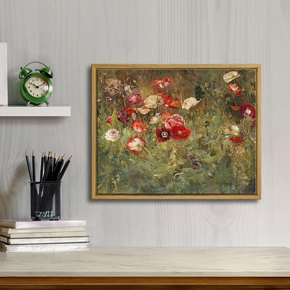 Pyradecor Vintage Wall Art Retro Home Decor Living Room Decor A Bed of Poppies Framed Canvas Wall Art Classical Floral Painting for Bedroom Office Decorations