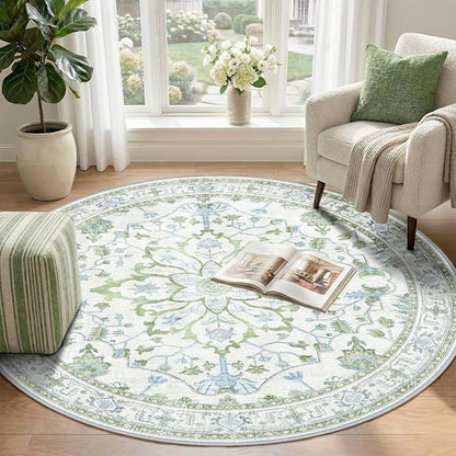 RELEANY Area Rugs Round 4ft Washable Non-Slip, Floral Vintage Distress Print Pattern Medallion Carpet for Living Room Bedroom Dining Room, Green White Blue