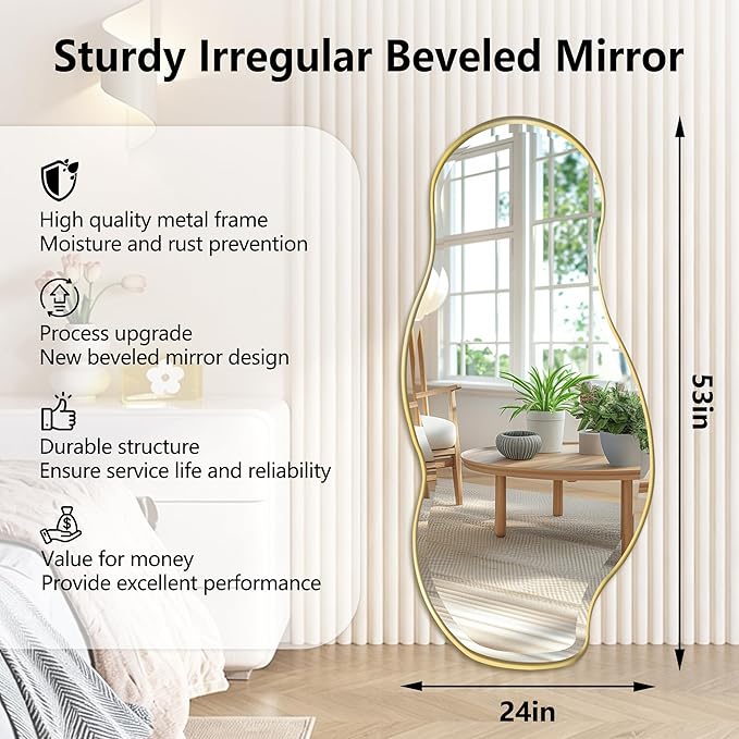 POZINO Irregular Beveled Mirror, 53"x24" Modern Asymmetrical Wall Mirror with Gold Metal Frame, Premium Organic Shaped Mirrors for Living Room Bedroom Hallway Entryway, Horizontal/Vertical Hanging