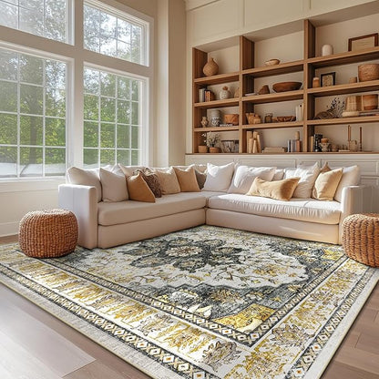 BESTSWEETIE 9x12 Area Rug Washable Rugs for Living Room, No Pile Boho Carpet for Entryway Bedroom Dinning Room, Vintage Carpet Print Distressed Non-Slip, 9 x 12 ft, Grey Brown