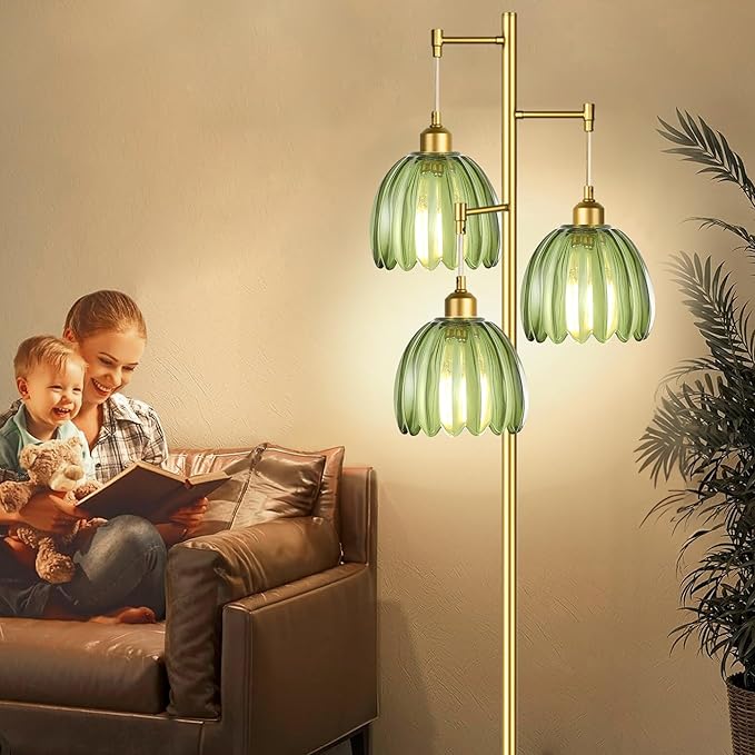 AHDWDW Gold Floor Lamp for Living Room Bedroom,Modern Tree Floor Lamps with Green Glass Shades,68IN Tall Standing Lamp with Bulbs,3 Lights Mid Century Vintage Floor Lamp for Corner Office Reading