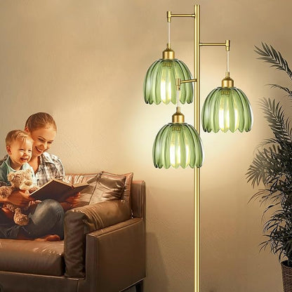 AHDWDW Gold Floor Lamp for Living Room Bedroom,Modern Tree Floor Lamps with Green Glass Shades,68IN Tall Standing Lamp with Bulbs,3 Lights Mid Century Vintage Floor Lamp for Corner Office Reading