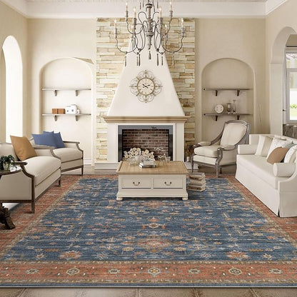 6x9 Area Rug for Living Room- Machine Washable Soft Oriental Vintage Large Indoor Floor Carpet for Bedroom Under Dining Table Home Office Decor - Blue Terracotta