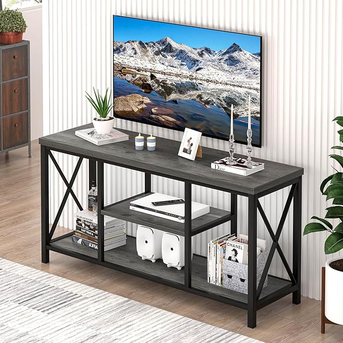 EXCEFUR Modern TV Stand for TV up to 55 Inch, Industrial Media TV Console Table with Storage Shelves, Entertainment Center for Living Room Bedroom, Rustic Grey 47 Inch