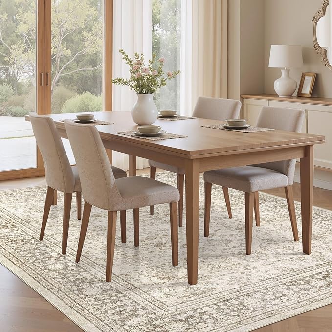 Area Rug 6x9 Washable Vintage - Soft Traditional Rugs for Living Room Large Non Slip Backing with Low Pile Farmhouse Oriental Retro Carpet for Bedroom Dining Room or Home Office - Yellowish Brown
