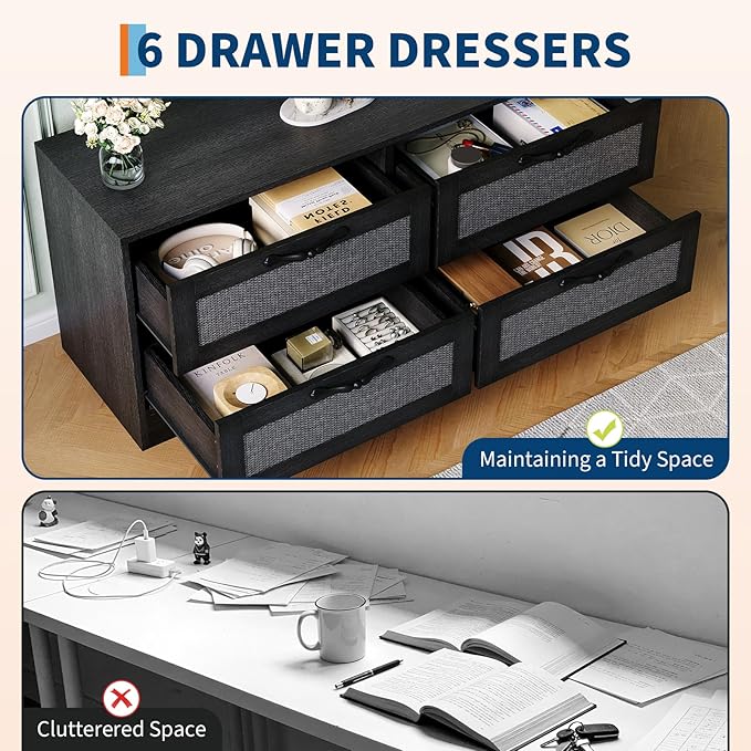 GarveeHome 4 Drawer Dresser TV Stand with Mount, XXX Inch Rattan Entertainment Center for TVs Up to 70 Inch, Farmhouse Wooden Media Console for Living Room, Bedroom, Black