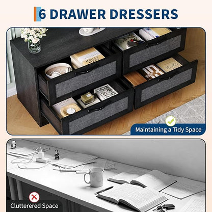 GarveeHome 4 Drawer Dresser TV Stand with Mount, XXX Inch Rattan Entertainment Center for TVs Up to 70 Inch, Farmhouse Wooden Media Console for Living Room, Bedroom, Black