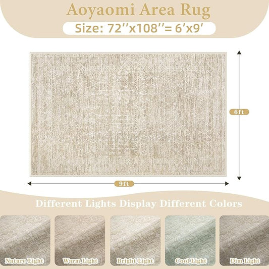 Area Rug for Living Room 6x9: Large Washable Boho Moroccan Rugs Geometric Neutral Rug, Non-Slip Foldable Morden Farmhouse Indoor Floor Carpet for Bedroom Dining Table Home (Moroccan Beige, 6'x9')