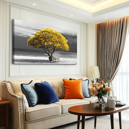 wall art for living room Decorations Photo Prints - panoramic black and white with yellow trees The moon scenery - Modern Home Decor The room Stretched and Framed Ready to Hang artwork 24X48inches