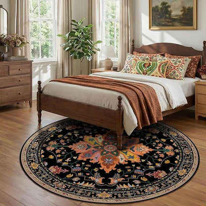 RELEANY Area Rugs Round 8ft Washable Non-Slip, Floral Vintage Distress Print Pattern Medallion Carpet for Living Room Bedroom Dining Room, Black Colorful Floral Dark Tan