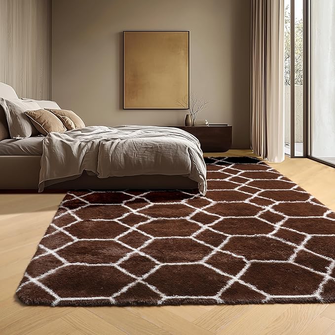 ONASAR 5x7 Area Rugs for Living Room Bedroom, Fluffy Brown and White Throw Rug, Geometric Boho Soft Plush Shaggy Floor Bedside Carpet Mat for Nursery Kids Girls Boys Teen Dorm Home Decor