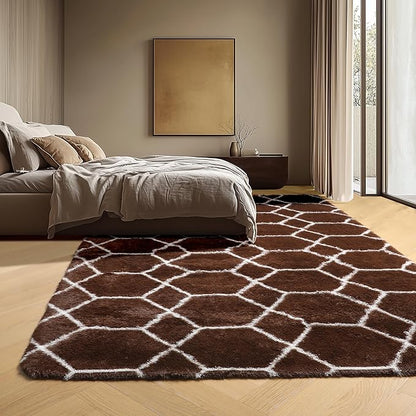 ONASAR 5x7 Area Rugs for Living Room Bedroom, Fluffy Brown and White Throw Rug, Geometric Boho Soft Plush Shaggy Floor Bedside Carpet Mat for Nursery Kids Girls Boys Teen Dorm Home Decor
